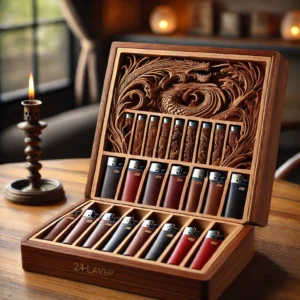 DALL·E 2024 06 24 07.38.07 A beautifully crafted Single layer Lighter Storage Box with 24 frames made of redwood with a baking paint finish. The box is displayed in an elegant s 5