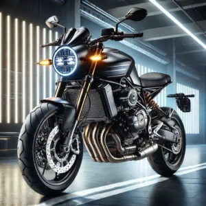 DALL·E 2024 06 24 07.41.18 A modern sleek motorcycle equipped with a Universal Motorcycle Modern retro style modification LED headlight driving light CR150 AC300 502. The motor 3