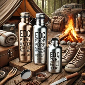 DALL·E 2024 06 24 07.44.13 A stylish rugged outdoor scene featuring EDC Pure Titanium Water Coffee Tea Bottles Flasks. The flasks available in 1200ml and 1500ml sizes are sho 1