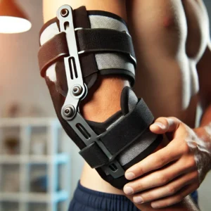 DALL·E 2024 06 24 07.48.51 A detailed image of the Elbow joint fixation brace ROM hinged Shoulder Arm Sling Forarm Braces Support Splint Orthosis Orthotics Band Pad Belt. The br 1