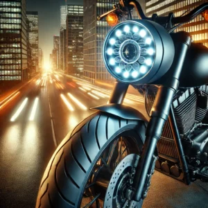 DALL·E 2024 06 24 07.52.11 A sleek and modern motorcycle equipped with the TIYPEOR Universal Round Motorcycle Headlight 7Inch DRL LED Car Super Bright Auxiliary Fog Light. The s 1