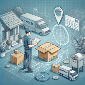 DALL·E 2024 06 25 19.02.19 A detailed image depicting a person receiving a package from a delivery person. The background includes elements like a mailbox a package labeled wit 1