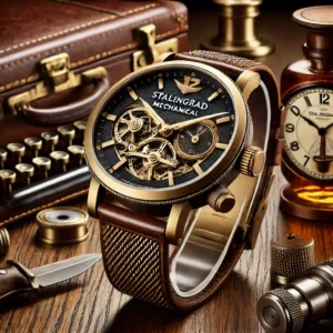 DALL·E 2024 06 26 05.00.43 A stylish and elegant setting featuring the Stalingrad Mechanical Wristwatch for Men Miyota 8215 Fashion Bronze Watch 45mm. The watch is displayed pro 33