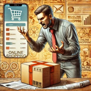 DALL·E 2024 06 26 05.16.02 A detailed image showing a frustrated customer holding a package with a background depicting an online shopping website interface 31