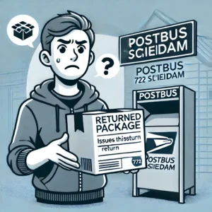 DALL·E 2024 06 26 05.43.25 A person holding a returned package with a confused expression indicating issues with the return process. The background should feature a post office 2