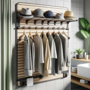 DALL·E 2024 06 26 06.15.50 A foldable clothes and hat rack with hooks set up in a modern bathroom. The rack is mounted on a wall and displays clothes and hats neatly organized 31