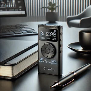 DALL·E 2024 06 26 06.29.03 A sleek and modern setup featuring the 8 16 32GB Activated Mini Digital Voice Recorder. The recorder is small black and compact placed on a stylish 27