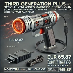 DALL·E 2024 06 27 06.18.46 An image showcasing the Third Generation Plus Official Enhanced Version 80W 6A Tesla Coil Gun Handheld Magnetic Energy Generator with Power Adapter. T 1 1