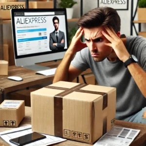 DALL·E 2024 06 27 19.17.45 A frustrated customer looking at a partially delivered package from AliExpress with a computer open to the AliExpress website in the background. The 33