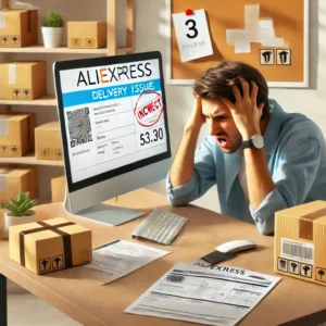 DALL·E 2024 06 27 19.23.20 A frustrated customer looking at a computer screen showing an AliExpress order with delivery issues. The scene is set in a modern home with a desk clu 29