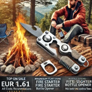 DALL·E 2024 06 28 05.26.44 An image showcasing the Magnesium Flint Scraper Stone Fire Starter Lighter Bottle Opener Tools in an outdoor camping setting. The fire starter scrape 17
