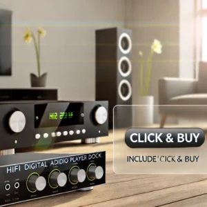 DALL·E 2024 06 28 06.24.26 A sleek modern HiFi Digital Audio Player Dock with multiple audio outputs and inputs set up in a stylish home audio system. The scene should show a 7