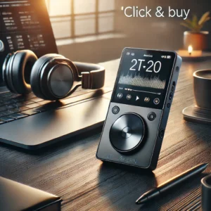 DALL·E 2024 06 28 06.35.20 A modern portable digital audio player DAP with Bluetooth and WiFi set up in a stylish and minimalistic environment. The scene should show the Ast 5