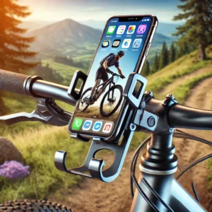 DALL·E 2024 06 28 06.41.25 A sturdy aluminum alloy bicycle mobile phone rack holder mounted on a mountain bike. The scene should show the phone mount in use attached to the bi 3