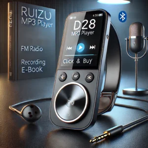 DALL·E 2024 06 28 06.44.48 A sleek modern portable MP3 player with a curved screen and Bluetooth functionality displayed on a stylish desk setup. The scene should show the RUI 1