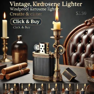 DALL·E 2024 06 28 06.48.22 A vintage windproof kerosene lighter with a candlestick design placed elegantly on a stylish table setup. The scene should show the retro lighter in 1