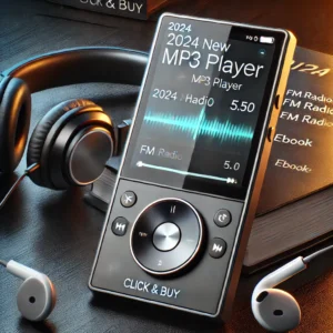 DALL·E 2024 06 28 07.36.56 A sleek modern portable MP3 player with Bluetooth 5.0 and a touch screen displayed on a stylish desk setup. The scene should show the 2024 NEW HIFI 1