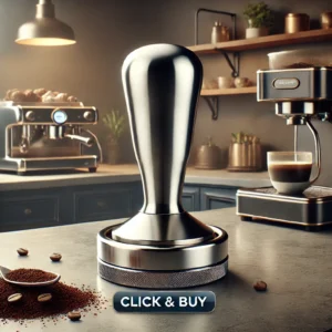 DALL·E 2024 06 28 07.41.50 A sleek stainless steel coffee tamper with a modern design placed elegantly on a stylish kitchen countertop. The scene should show the tamper in use 1 1