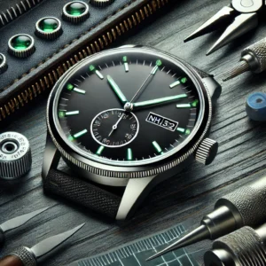 DALL·E 2024 06 28 07.48.54 A sleek modern wristwatch dial with a single calendar feature black dial and green luminous markers. The scene should show the 28.5MM watch dial fo 1 1
