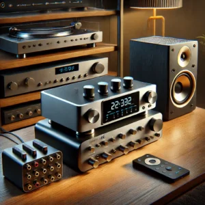 DALL·E 2024 06 28 07.57.04 A sleek modern HiFi Digital Audio Player Dock with multiple audio outputs and inputs set up in a stylish home audio system. The scene should show th 1