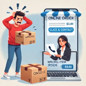 DALL·E 2024 06 28 08.02.36 A frustrated customer holding a package with the wrong item inside next to a laptop showing an online order page. The scene should emphasize the conf 1