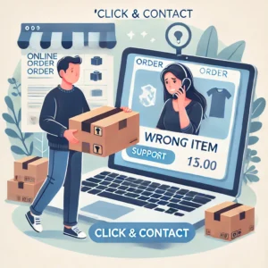 DALL·E 2024 06 28 08.12.19 A customer holding a package with the wrong item inside next to a laptop showing an online order page. The scene should emphasize the need for suppor 1