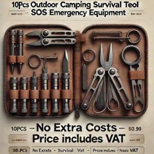 DALL·E 2024 06 29 06.40.01 A high quality image featuring the 10Pcs Outdoor Camping Survival Tool SOS Emergency equipment. The tools should be displayed clearly showing their f 1
