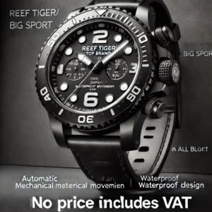 DALL·E 2024 06 29 07.19.45 A high quality image featuring the Reef Tiger RT Top Brand Big Sport Watch in all black. The watch should be prominently displayed highlighting its f 1