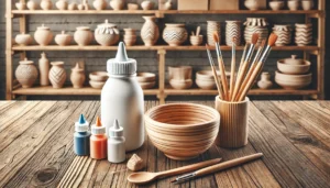 DALL·E 2024 07 04 04.48.48 A detailed attractive image of a pottery DIY kit featuring a rubber sucker a bowl and coloring tools all neatly arranged on a wooden table. The ba 1