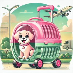 DALL·E 2024 07 05 05.01.13 An illustration of a transparent pink and green pet travel trolley with wheels designed for transporting puppies dogs and cats. The scene should sh 1