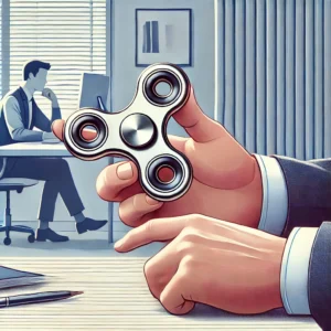 DALL·E 2024 07 05 05.09.22 An illustration of a metal fidget slider toy designed for stress relief and anxiety reduction. The scene should show the fidget toy in use on an offic 1