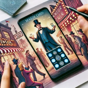 DALL·E 2024 07 05 05.12.05 An illustration of a magician performing a high tech magic trick using sensor cards. The scene should show the magician in a street setting engaging 1