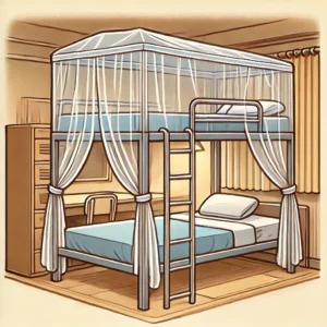 DALL·E 2024 07 05 05.15.38 An illustration of a dormitory bunk bed with a mosquito net canopy. The scene should show the bed set up with the net providing protection and shade. 1