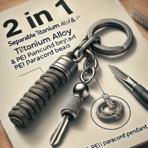 DALL·E 2024 07 05 05.18.35 An illustration of a 2 in 1 separable titanium alloy and PEI paracord bead keychain. The scene should show the keychain attached to keys highlighting 1