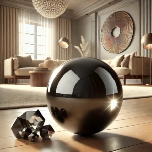 DALL·E 2024 07 05 05.26.07 An illustration of a natural obsidian ball used for healing and home decor. The scene should show the crystal orb placed in a serene and elegant home 1
