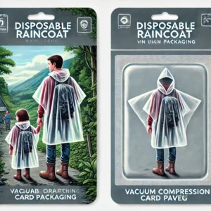 DALL·E 2024 07 05 05.30.23 An illustration of a disposable raincoat in vacuum compression card packaging designed for outdoor activities like drifting and travel. The scene sho 1