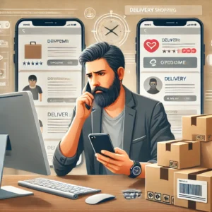 DALL·E 2024 07 06 16.53.06 An image showing a concerned customer holding a phone and looking at a computer screen with multiple online shopping tabs open. The background include 1
