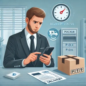 DALL·E 2024 07 06 16.56.40 An image showing a concerned customer checking a delivery status on their phone with a package and a P.O. Box in the background. The setting includes 1