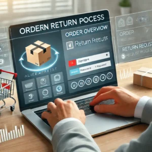 DALL·E 2024 07 06 17.06.36 An image showing a customer using a laptop navigating the AliExpress order return process. The screen displays the order overview with a highlighted 1