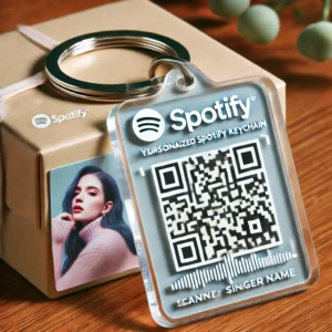 DALL·E 2024 07 07 05.50.23 An image showcasing the Personalized Spotify Keychain. The keychain is transparent acrylic with a scannable Spotify code featuring a customizable mus 1
