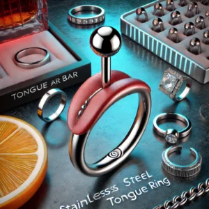 DALL·E 2024 07 07 05.53.47 An image showcasing the Tongue Bar Stainless Steel Vibration Tongue Ring. The tongue ring is displayed in a modern stylish setting highlighting its 1