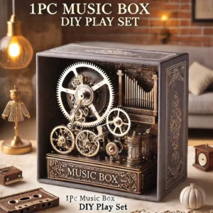 DALL·E 2024 07 07 05.57.40 An image showcasing the 1PC Music Box Movement DIY Play Set. The image displays the mechanical metal music box in a home decor setting emphasizing it 1