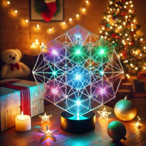 DALL·E 2024 07 07 08.20.12 An image showcasing the Fantasy Geometry Space LED Art Lamp Infinity Dodecahedron. The lamp emits creative RGB color lighting creating an artistic an 1