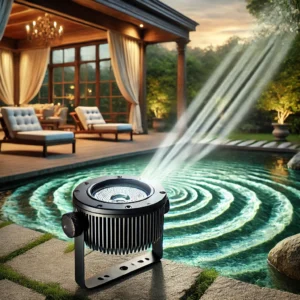 DALL·E 2024 07 07 08.26.05 An image showcasing the Waterproof Outdoor Water Wave Ocean Wave Light Projector with gobo projector. The light projector is placed in an outdoor sett 1