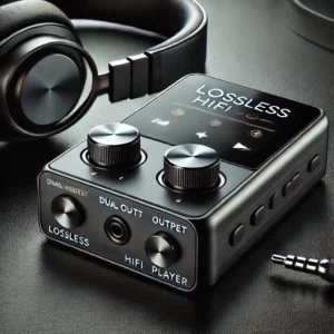 DALL·E 2024 07 08 08.49.59 A high quality image showcasing the Lossless HIFI Music Player. The device should be shown in a close up view highlighting its sleek design dual out 1