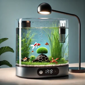 DALL·E 2024 07 08 08.52.34 A high quality image showcasing the mini desktop transparent acrylic aquarium. The aquarium is shown with aquatic grass shrimp turtle and goldfish 1