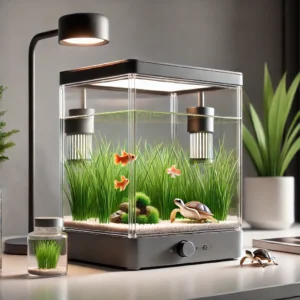 DALL·E 2024 07 08 09.01.23 A high quality image showcasing the mini desktop transparent acrylic aquarium. The aquarium is shown with aquatic grass shrimp turtle and goldfish 1