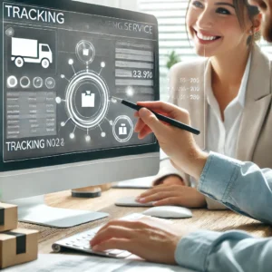 DALL·E 2024 07 09 06.23.25 A high quality image depicting a friendly customer service interaction focused on tracking a package. The image should show a customer looking at a tr 1