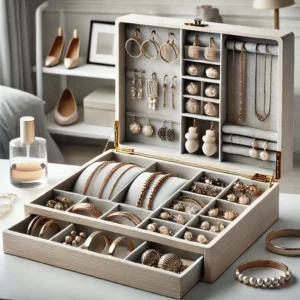 DALL·E 2024 07 09 17.19.36 An image of a stylish and multi functional jewelry storage box showcasing earrings necklaces bracelets and other jewelry organized neatly. The box 1