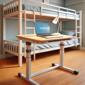 DALL·E 2024 07 09 17.30.24 An image of a foldable dormitory bed table ideal for students. The table should be shown on a bunk bed setup illustrating its use for laptops and wr 1